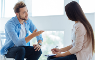 Woman and man discussing over debt